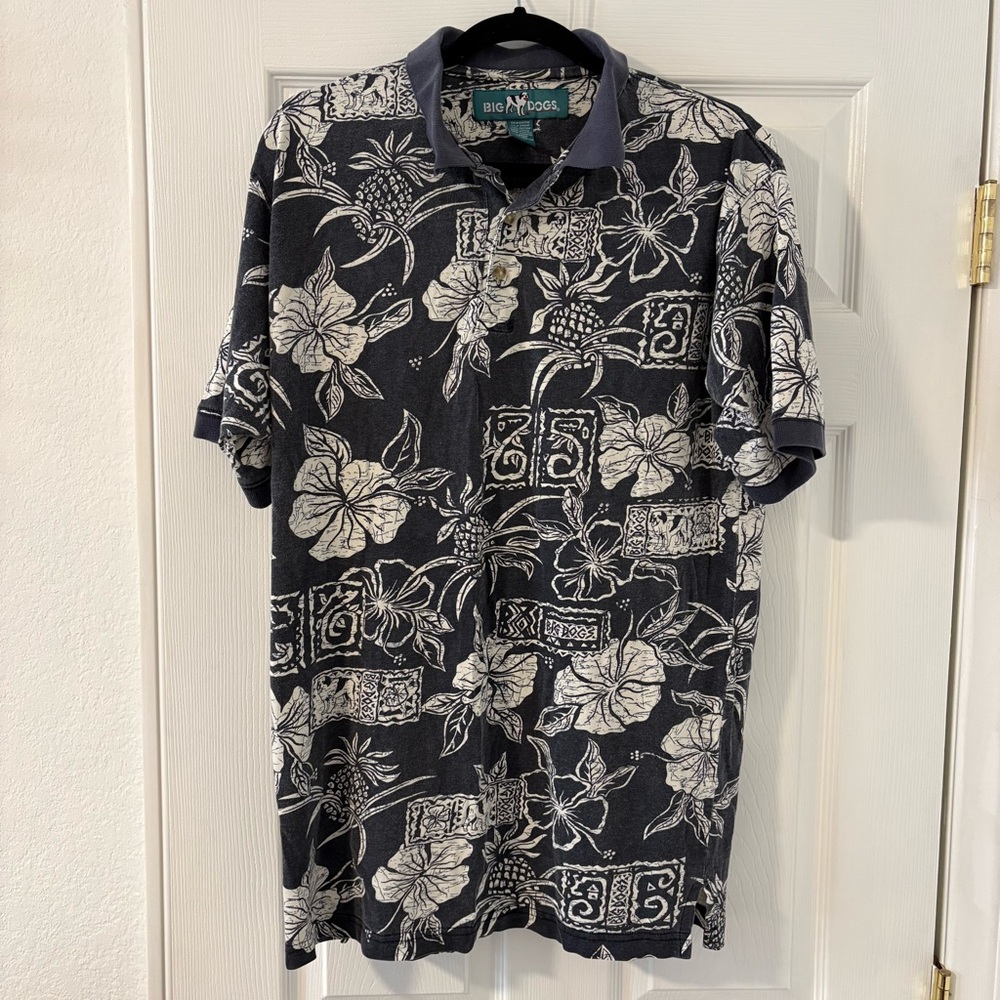 Vintage Men’s Big Dogs Gray White Hawaiian Aloha Tropical Polo Shirt Size L